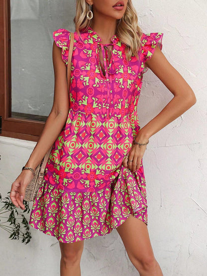 Printed Sleeveless Dress Summer Fashion V-Neck Lace-up Straight Dresses For Womens Clothing Limorista