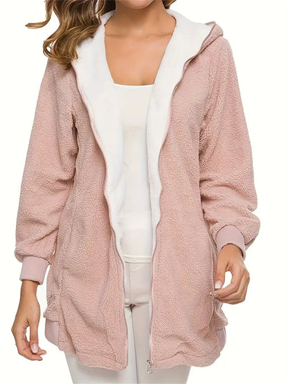 Zip Up Fuzzy Hooded Coat, Casual Pocket Long Sleeve Warm Outerwear For Fall &amp; Winter, Women&
