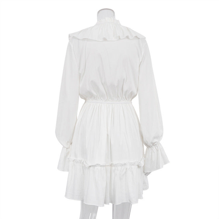 Fashion V Neck Pleated Ruffle Long Sleeve Dress Y2K V Neck Flared Sleeve Short Dress Women&