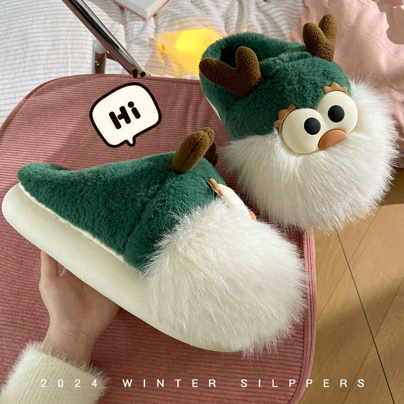 Cute Cartoon Christmas Deer Cotton Shoes Winter Indoor Floor Home Slippers Half-covered Heel Warm Plush Shoes Women Limorista