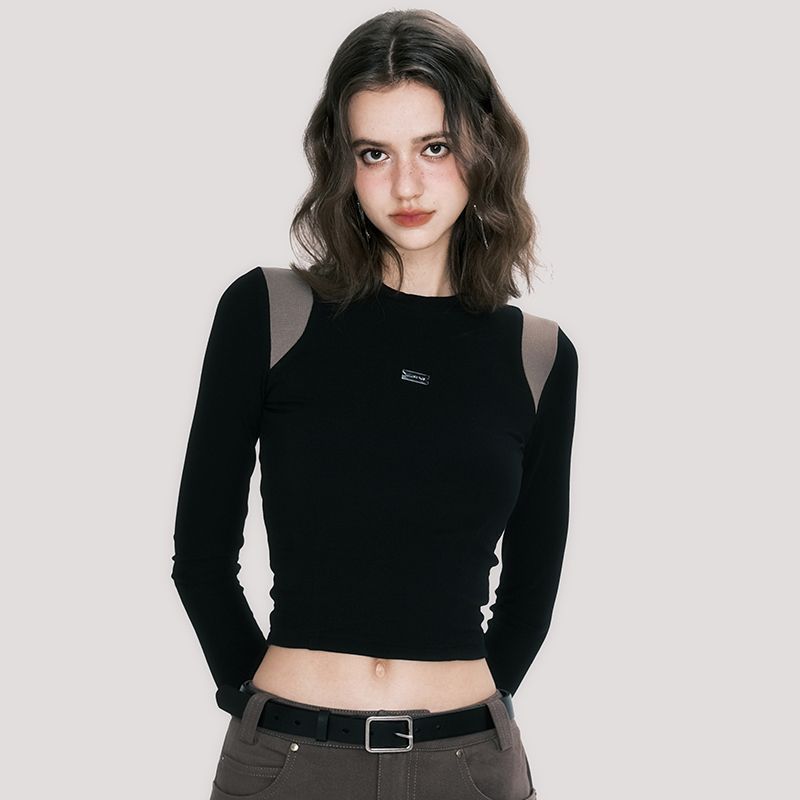 Limorista - Autumn New Contrast Color Waist-controlled Long Sleeves Round Neck T-shirt Slim Top For Women