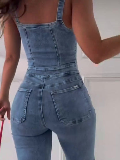 Sleeveless Paneled Zipper Denim Jumpsuit Limorista