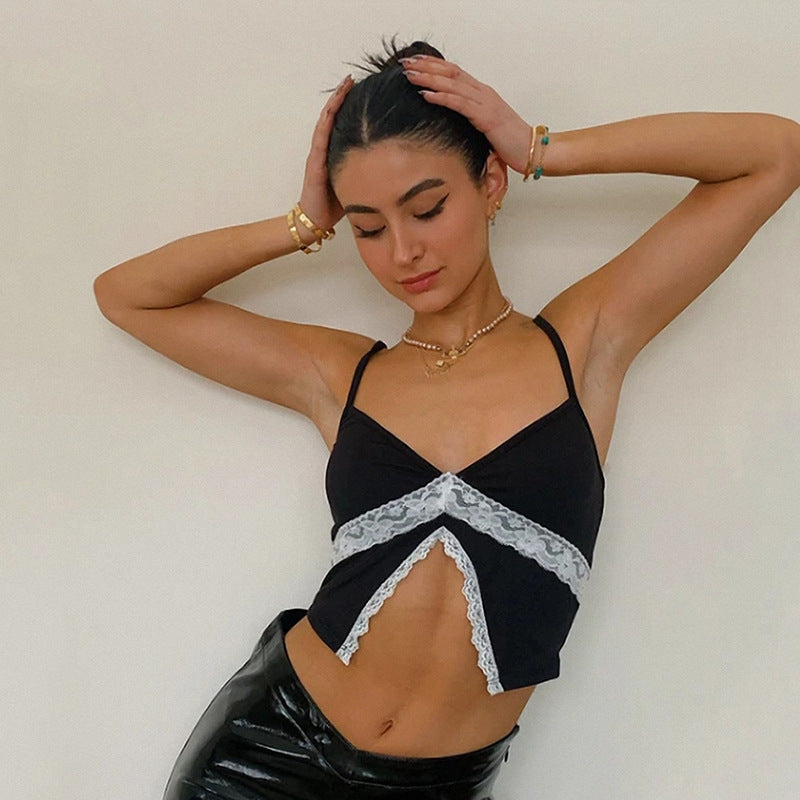 Limorista - European And American Style Backless Slim Fit Sleeveless Solid Color Strap Type Car Lace Vest