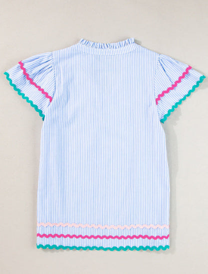 Sky Blue Stripe Ricrac Trim Split Neck Striped Ruffled Sleeve Blouse Limorista