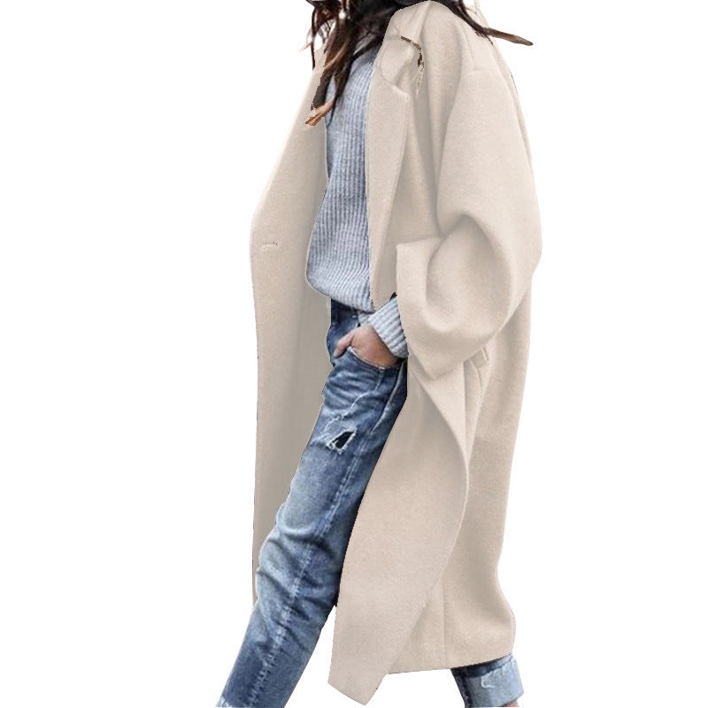 Casual Long Jacket With Pockets Solid Color Single Breasted Lapel Woolen Coat For Women Warm Winter Clothing Limorista