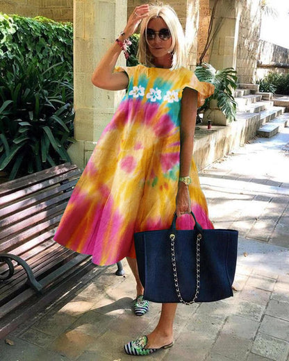 Foreign Trade Cross-border Sweet Holiday Floral Print A- Line Dress Limorista