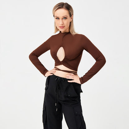 Long Sleeve Tie Cutout Sexy T-Shirt Women&
