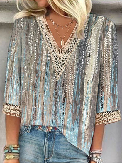 European And American Popular Fashion Loose Multi-color Floral Print Stitching Lace Half Sleeve V-neck Top Limorista