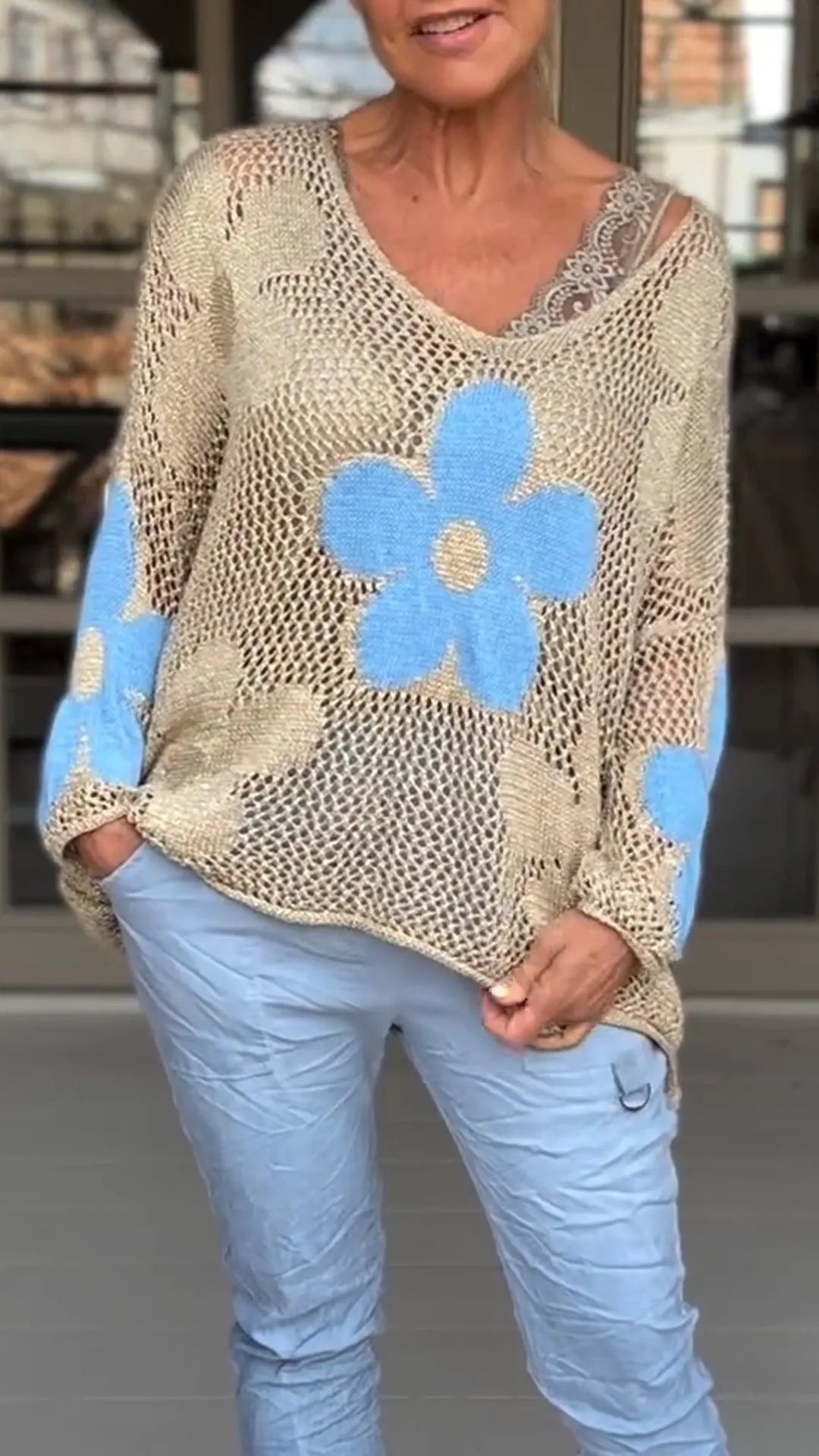 Floral Knitted Hollow Out V-neck Shirt Limorista