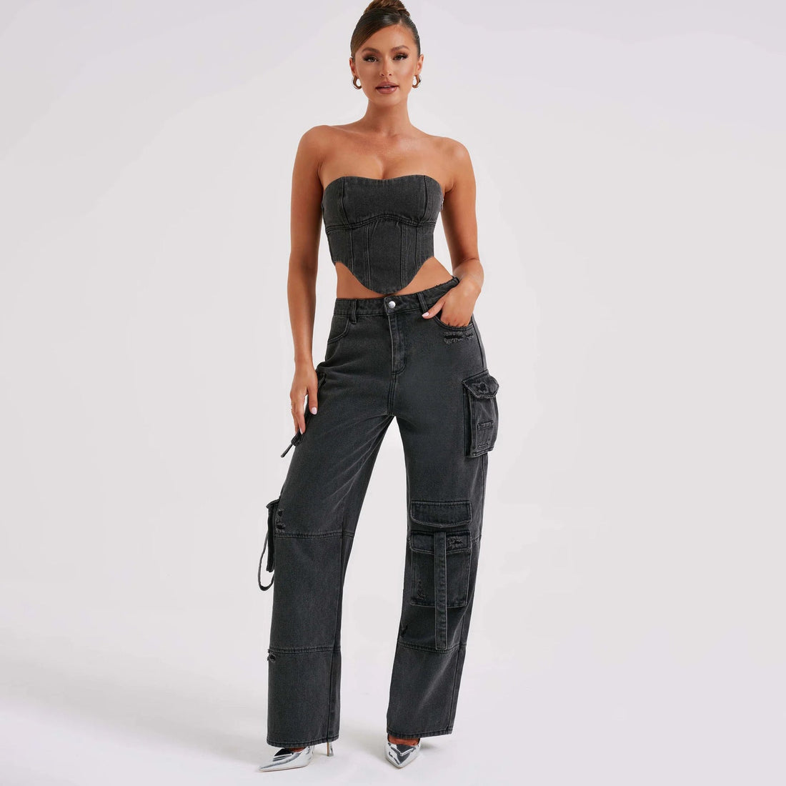 Limorista - 2Pcs Denim Suits Summer Sexy Backless Tube Top And Multi-pocket Straight Trousers Fashion Long Pants Suit Womens Clothing