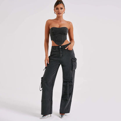 2Pcs Denim Suits Summer Sexy Backless Tube Top And Multi-pocket Straight Trousers Fashion Long Pants Suit Womens Clothing Limorista