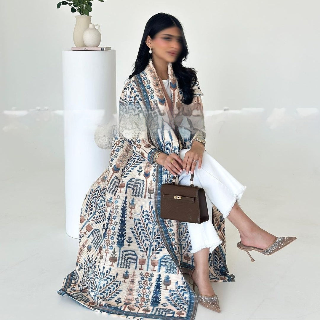 Pleated Trench Djellaba Hot-selling Printed Shawl Cardigan Ethnic Style Cloak Coat Limorista