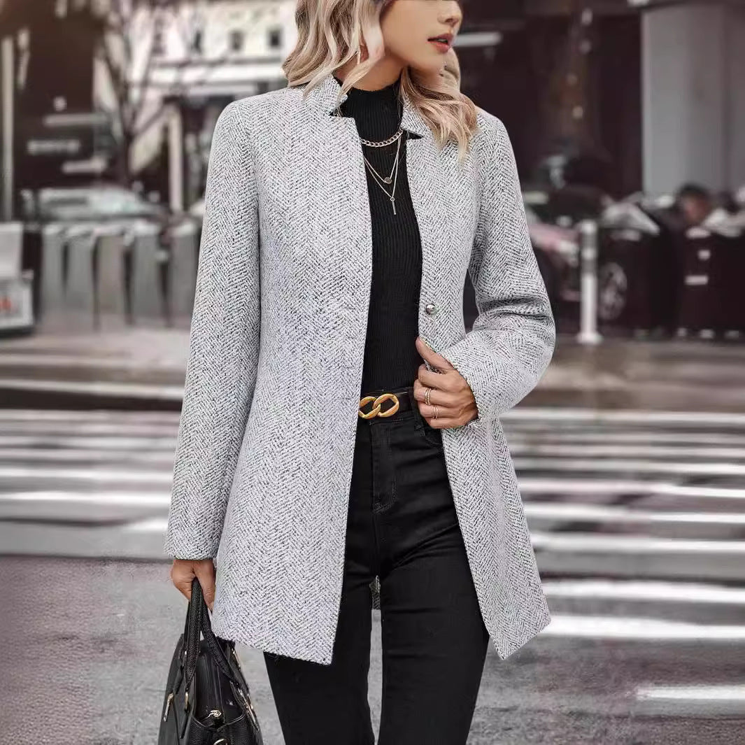 Long Sleeve Solid Color Stand Collar Button Trench Coat Fashion Women&