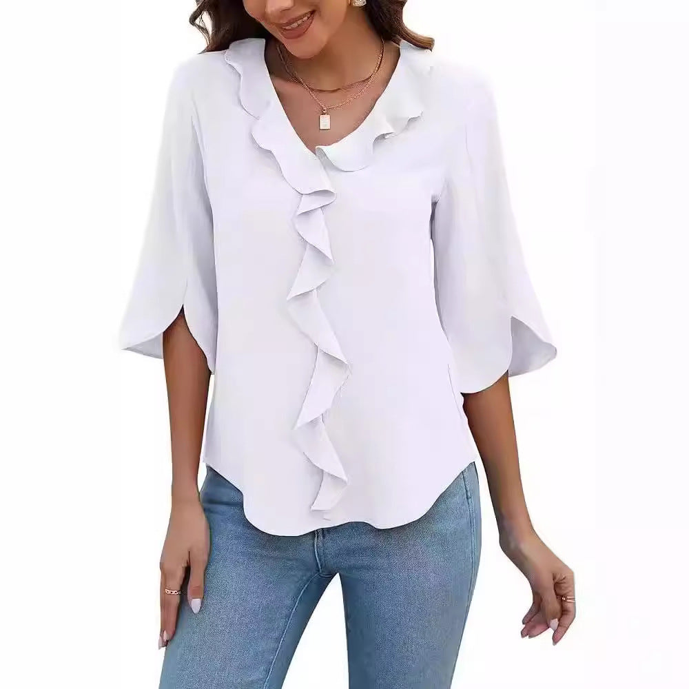 Lady Literature Leisure Commute All-matching Loose All-matching V-neck Flounce Shirt Limorista