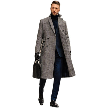 Full Wool Suit Collar Medium Length Double Breasted Checked Overcoat Limorista