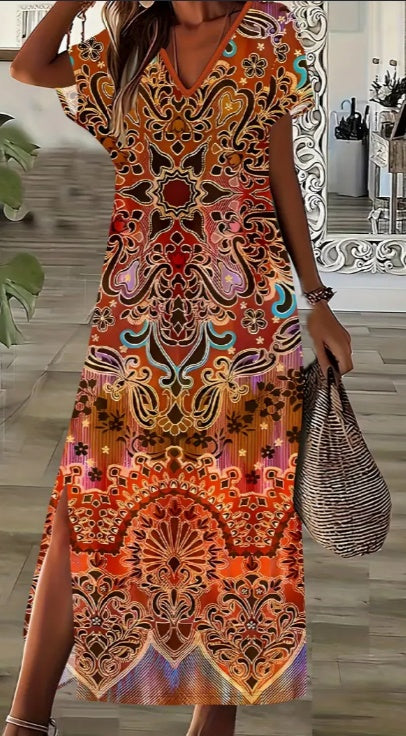 Boho-Chic Plus Size Floral Print Dress With Side Slit - V-Neck, Short Sleeve, Perfect For Spring &amp; Summer Limorista