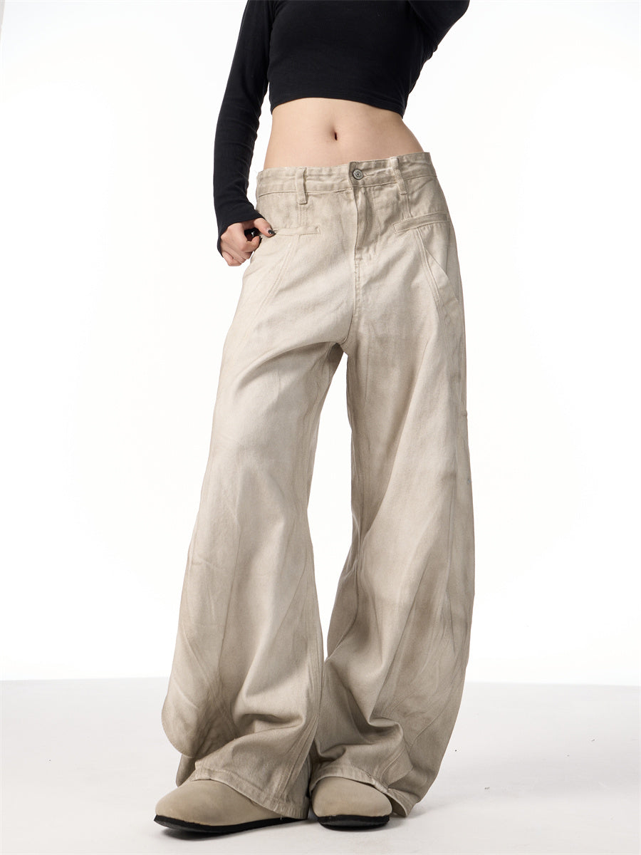 Retro Distressed Dirty White Wide Leg Pants Casual Trousers Limorista