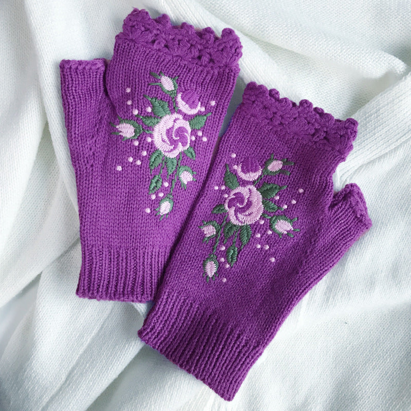 Embroidered Ladies Warm Gloves Bee Floral Knit Limorista