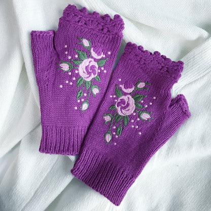 Embroidered Ladies Warm Gloves Bee Floral Knit Limorista