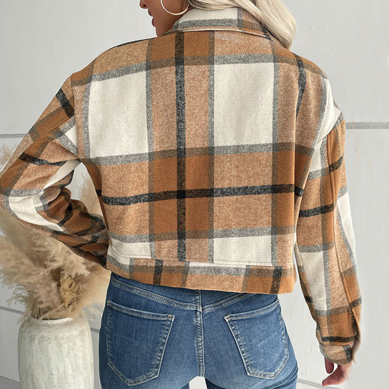 Plaid Lapel Cropped Jacket With Pockets Fashion Button Long Sleeve Short Outwear Tops Coat For Womens Clothing Limorista