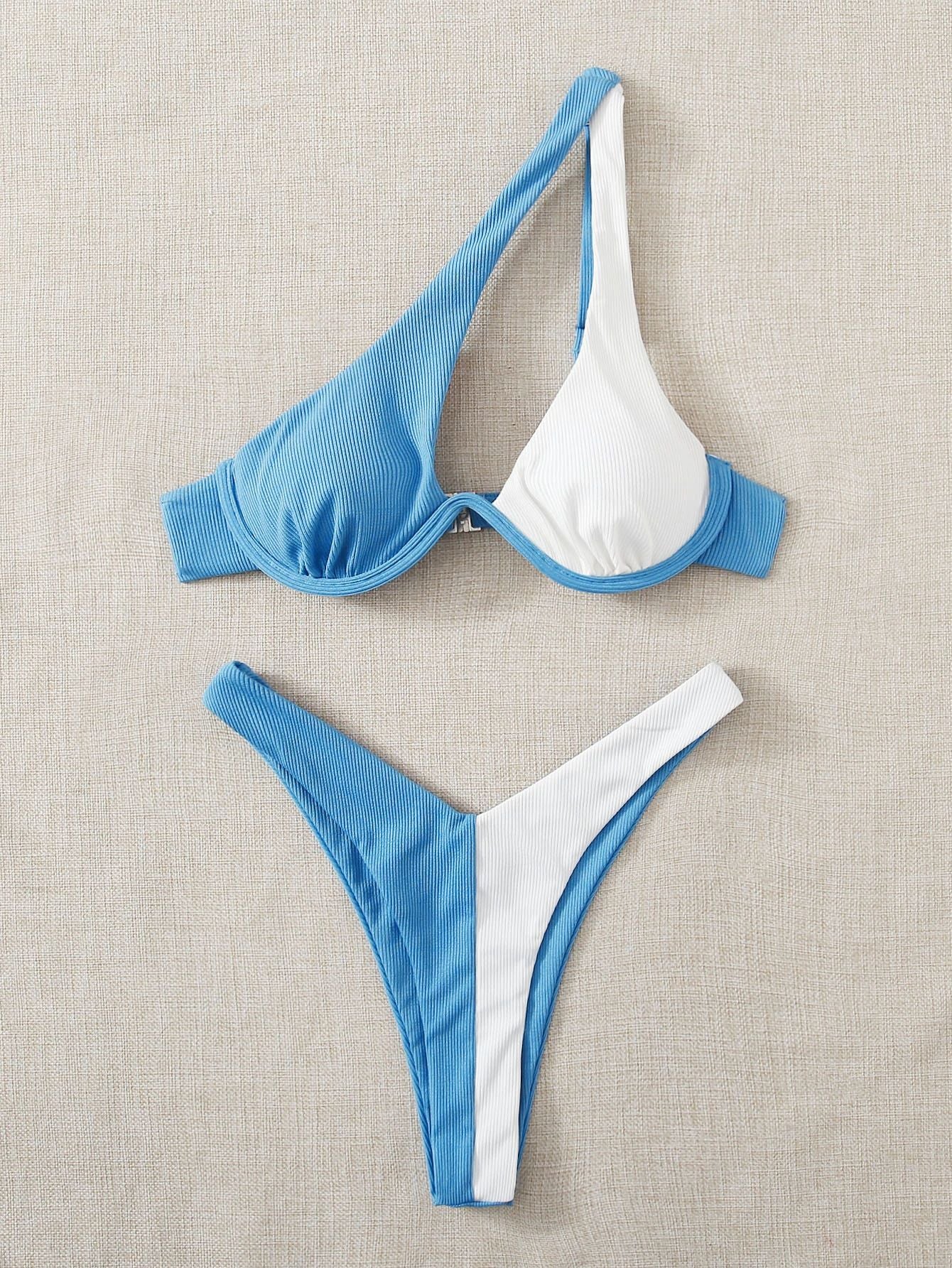 Ladies Split Swimsuit Solid Color One Shoulder Underwire Bikini Limorista