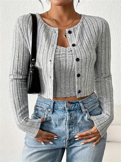 Rib Button Front Knit Elegant Set, Long Sleeve Cardigan &amp; Sleeveless Crop Camisole, Women&
