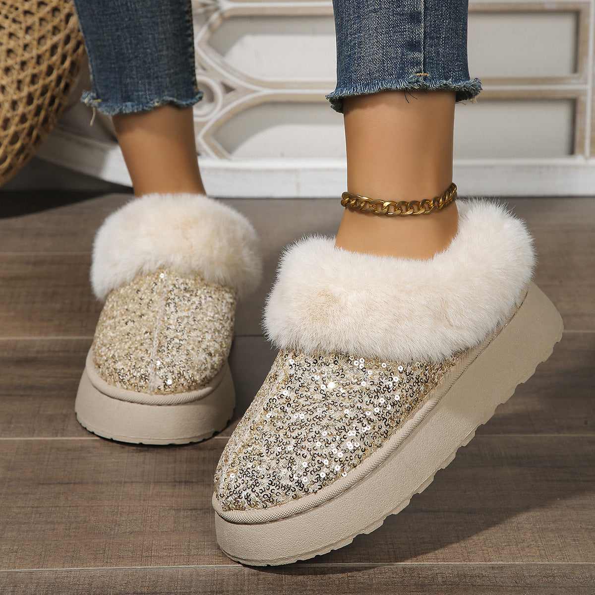 Fashion Sequined Thick-soled Plush Shoes Winter Indoor And Outdoor Casual Warm Slippers Women Garden House Shoes Limorista