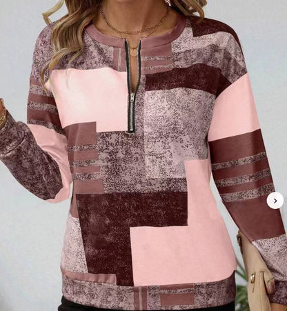 Round Neck Half Zipper Casual Style Polo Shirt Irregular Geometric Top Limorista