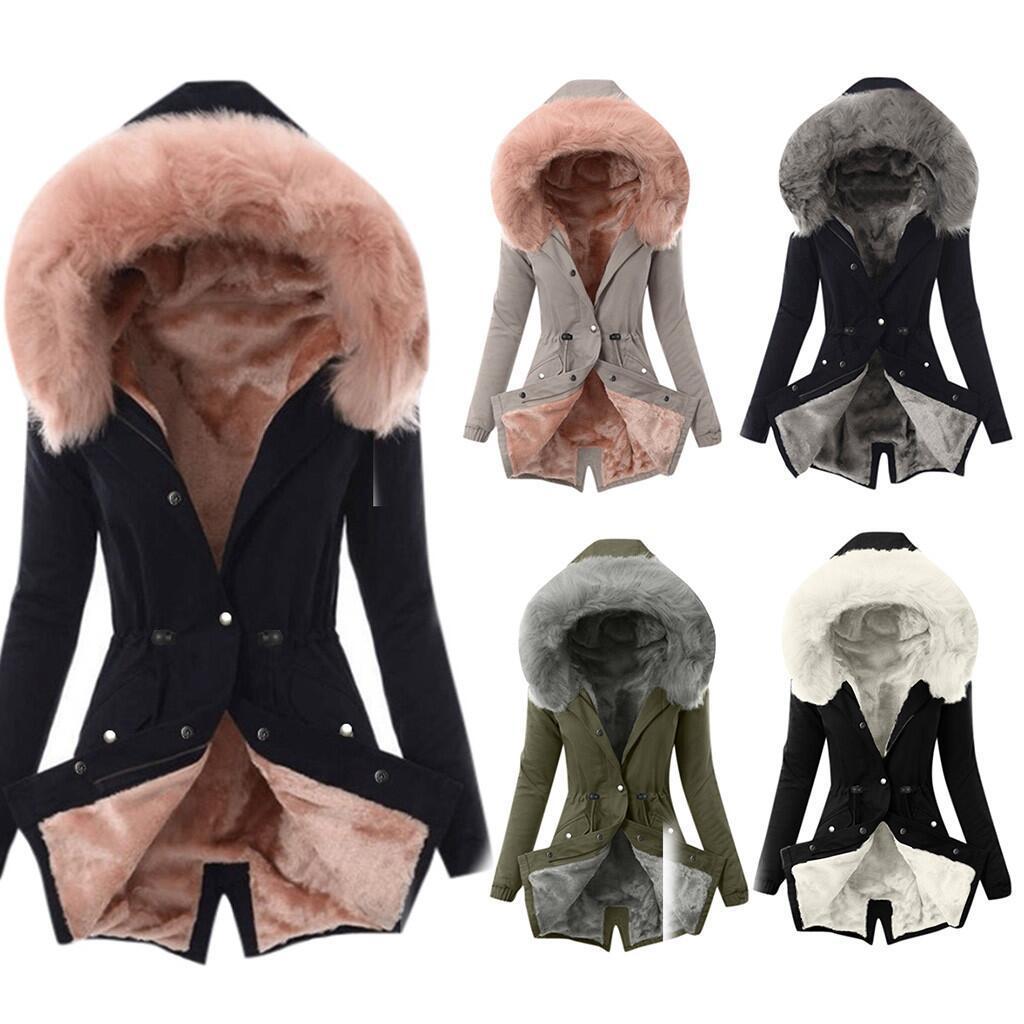 Fur collar drawstring solid color warm cotton coat Limorista