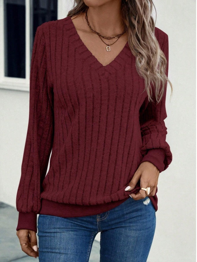 Fall V-neck Brushed Sunken Stripe Solid Color Top Women&