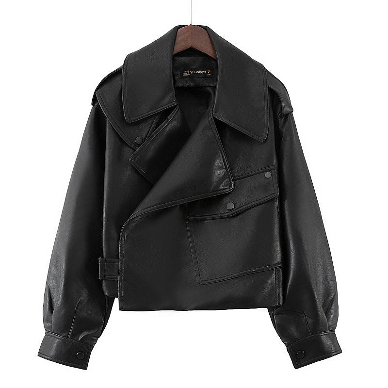 Loose cropped leather jacket motorcycle jacket Limorista