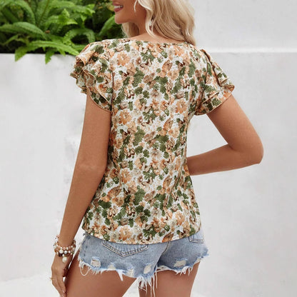 Floral Print Short Sleeve Shirt Summer Fashion Ruffled Tops Women&