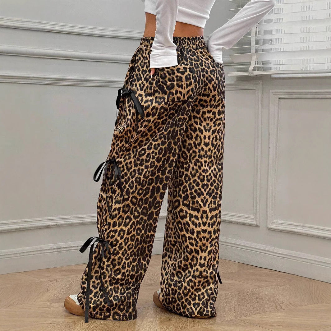 Elastic Waist Solid Color Bow Lace Up Casual Straight-leg Pants Limorista