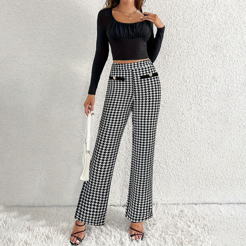 Faux Pocket Fastener Decoration Straight Wide Leg Pants Trousers Limorista