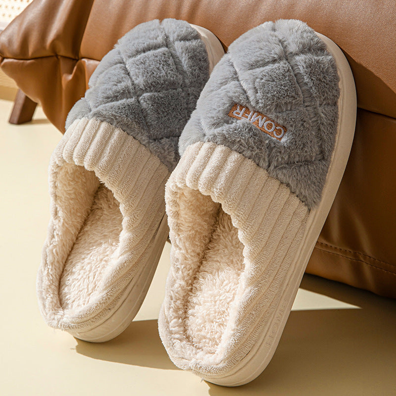 Solid Rhombic Letter Home Slippers Winter Warm Non-slip Floor Bedroom Plush Slipper For Couple House Shoes Women Men Limorista