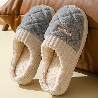 Solid Rhombic Letter Home Slippers Winter Warm Non-slip Floor Bedroom Plush Slipper For Couple House Shoes Women Men Limorista