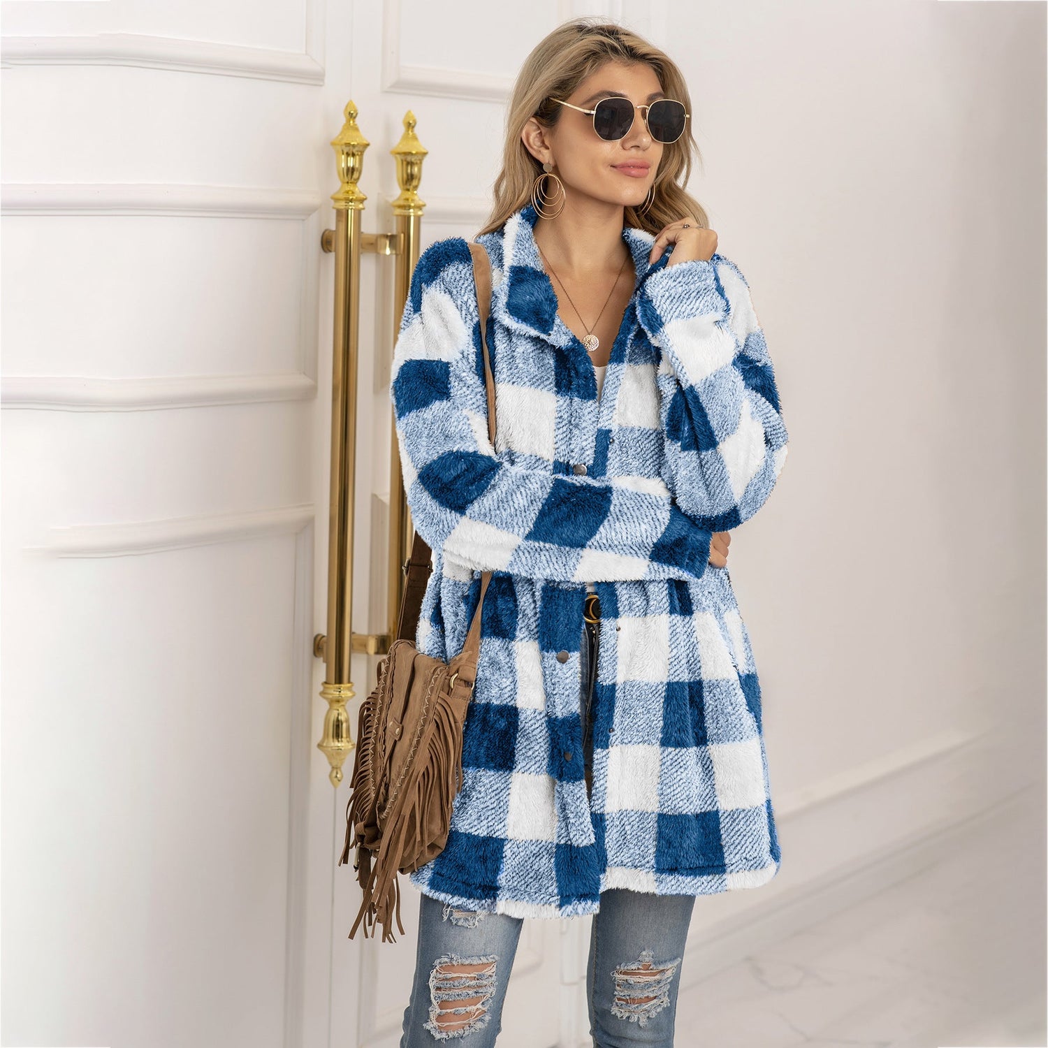 Colorblock Plaid Fleece Jacket Fashion Single Breasted Long Jacket Women&