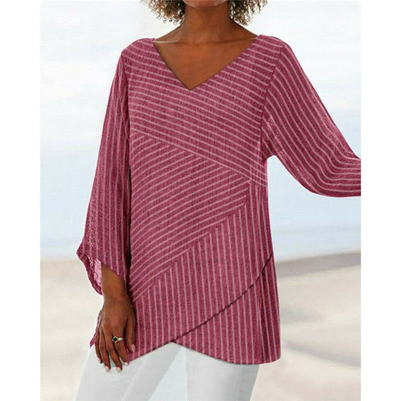 V-neck solid color cross stripes women&