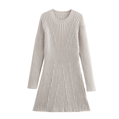 Fashion Solid Ribbed Knitted Dress Fall And Winter Slim-fit Stand-up Collar A-line Dresses Women&