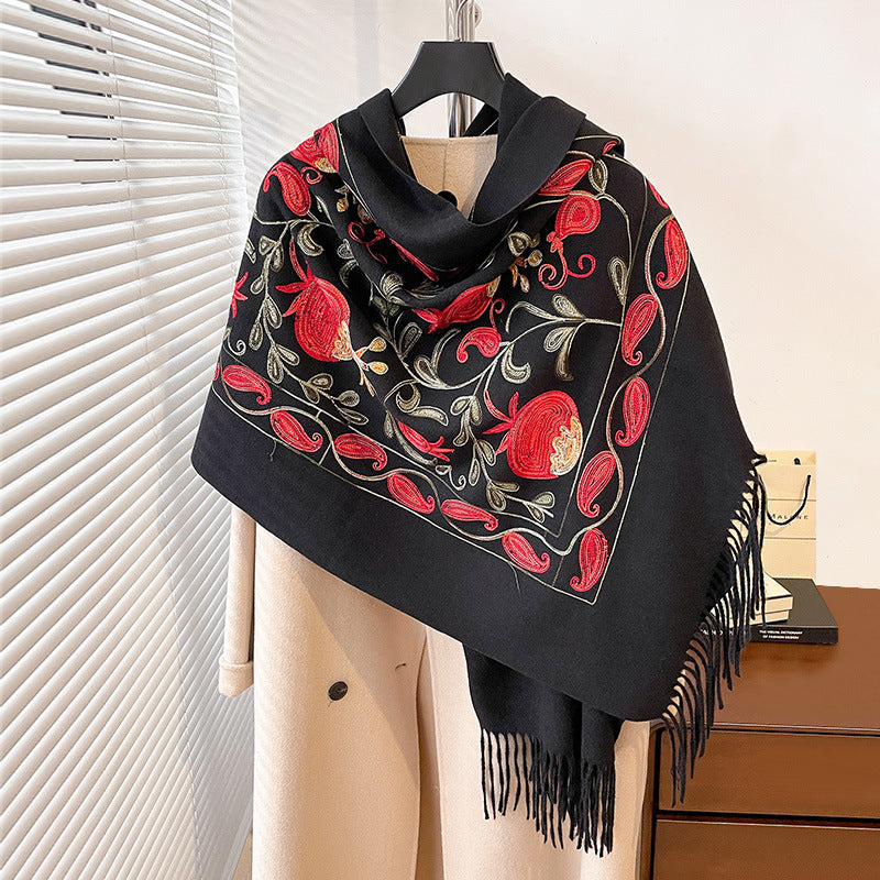Contrast Color Pomegranate Leaf Embroidered Double-sided Shawl Limorista