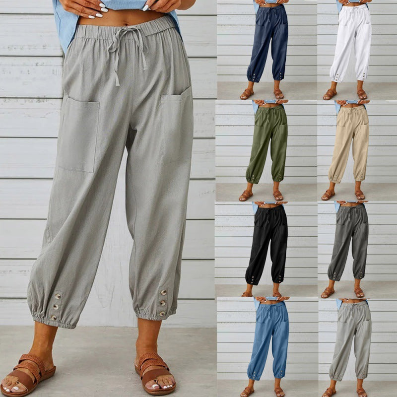 Loose High Waist Button Cotton And Linen Trousers Cropped Pants Wide Leg Women&