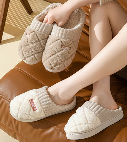 Solid Rhombic Letter Home Slippers Winter Warm Non-slip Floor Bedroom Plush Slipper For Couple House Shoes Women Men Limorista