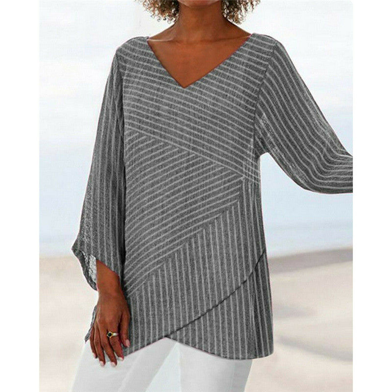 V-neck solid color cross stripes women&