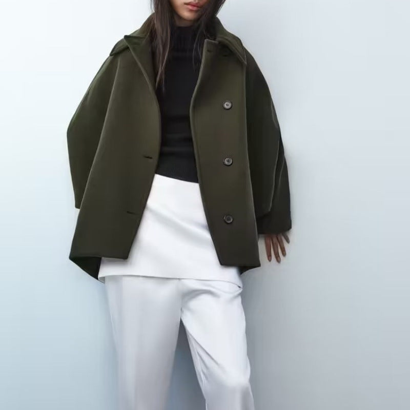 French Coat Fashion Polo Collar Blended Short Cape Sleeve Coat Limorista