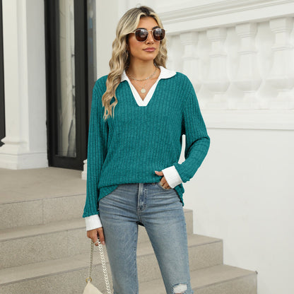 Lapel Long Sleeve Loose-fitting T-shirt Top Women Limorista