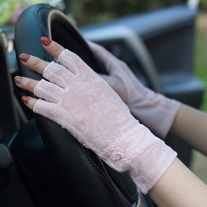 Semi-Finger Lace Sunscreen Gloves Female Summer Ice Silk Half Fingers Anti-Slip Driving Thin Anti-UV Fashion Women Mittens TB54 Limorista