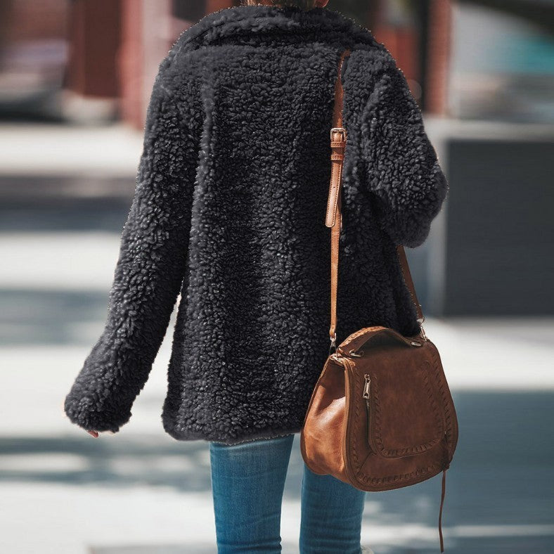 Lapel Long Sleeve Fluffy Furry Faux Fur Jackets Woman Overcoat Limorista