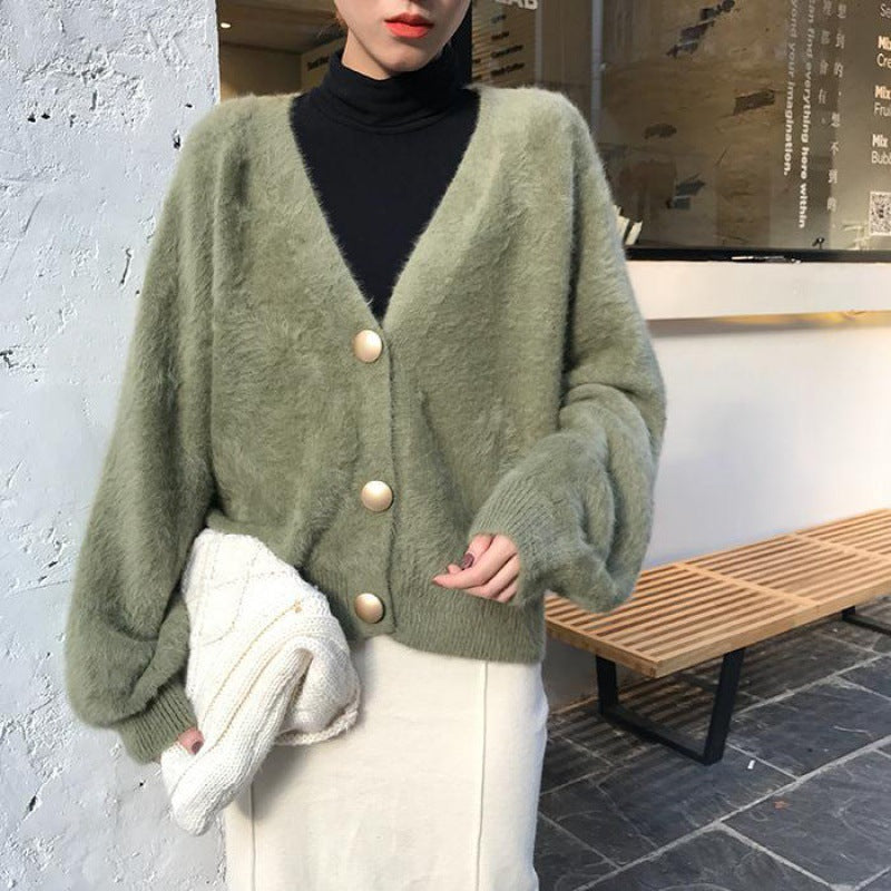 V-Neck Knitted Cardigan Button Mink Like Coat Limorista