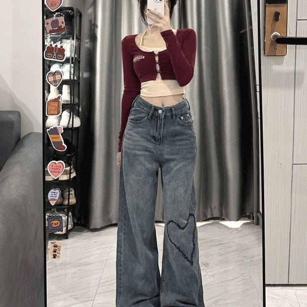 Love Embroidered Wide-leg Simple Casual Jeans Limorista