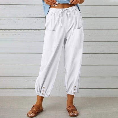Loose High Waist Button Cotton And Linen Trousers Cropped Pants Wide Leg Women&